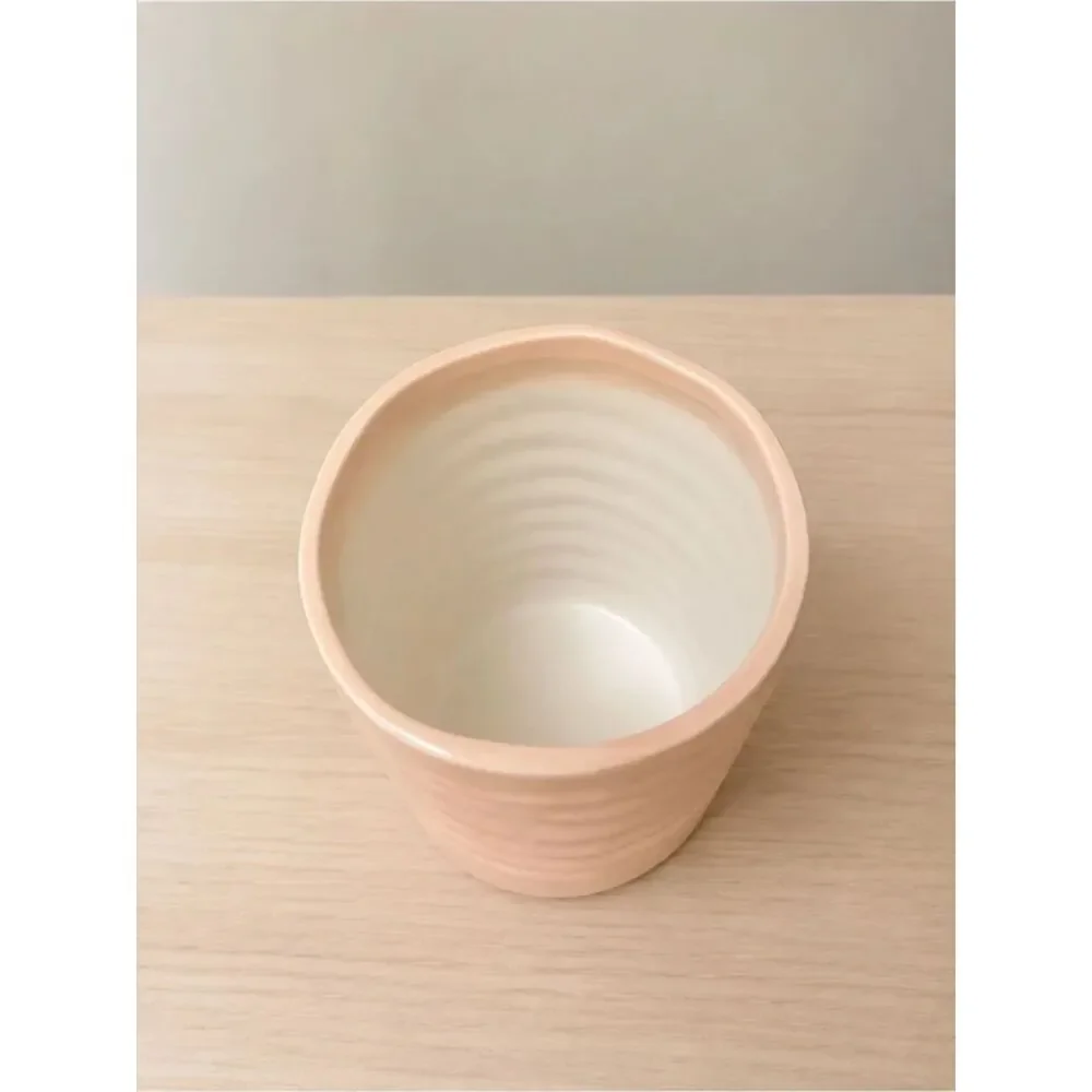 Light Beige Ribbed Ceramic Planter or Decorative Vase